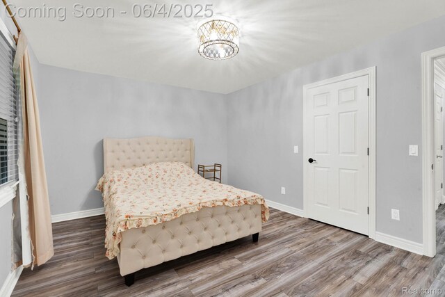 50565 Otter Creek Dr, Shelby Twp, MI 48317 - bedroom with wood finished floors, a chandelier, and baseboards