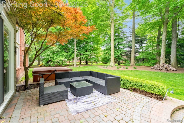 50565 Otter Creek Dr, Shelby Twp, MI 48317 - view of patio with a hot tub, view of wooded area, and an outdoor hangout area