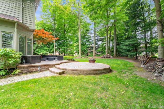 50565 Otter Creek Dr, Shelby Twp, MI 48317 - view of green lawn featuring an outdoor living space with a fire pit, a patio, and view of scattered trees