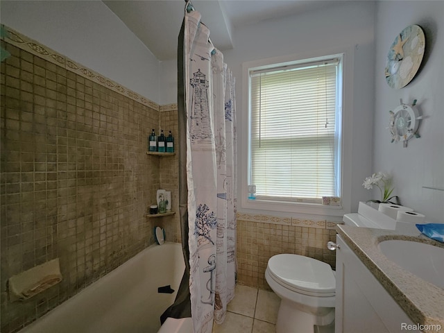 22189 Albion Ave, Farmington Hills, MI 48336 - bathroom featuring tile patterned flooring, vanity, tile walls, shower / tub combo with curtain, and wainscoting