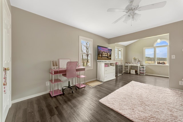 175 Templar Ave, Pinckney, MI 48169 - office space featuring a ceiling fan, dark wood-style floors, baseboards, and lofted ceiling