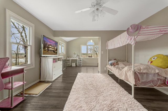 175 Templar Ave, Pinckney, MI 48169 - bedroom with lofted ceiling, baseboards, dark wood-style floors, and a ceiling fan