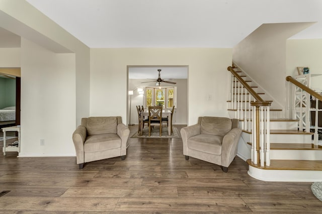 175 Templar Ave, Pinckney, MI 48169 - living room with stairway, ceiling fan, wood finished floors, and baseboards