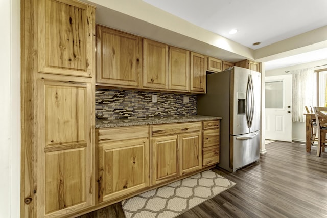 175 Templar Ave, Pinckney, MI 48169 - kitchen featuring stainless steel fridge, tasteful backsplash, dark wood-type flooring, and recessed lighting