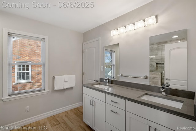 797 Washington Rd, Grosse Pointe, MI 48230 - bathroom with double vanity, plenty of natural light, baseboards, and wood finished floors
