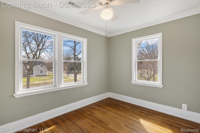 797 Washington Rd, Grosse Pointe, MI 48230 - unfurnished room with baseboards, a ceiling fan, ornamental molding, and dark wood-type flooring