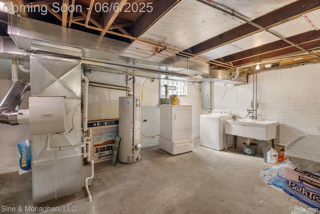 797 Washington Rd, Grosse Pointe, MI 48230 - basement with gas water heater, washer and clothes dryer, a sink, and heating unit