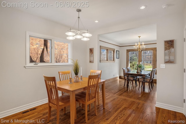 797 Washington Rd, Grosse Pointe, MI 48230 - dining area featuring a chandelier, baseboards, wood finished floors, and recessed lighting
