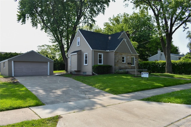 3434 Durham Rd, Clawson, MI 48073 - view of front of house featuring an outdoor structure, a detached garage, a front lawn, stone siding, and roof with shingles