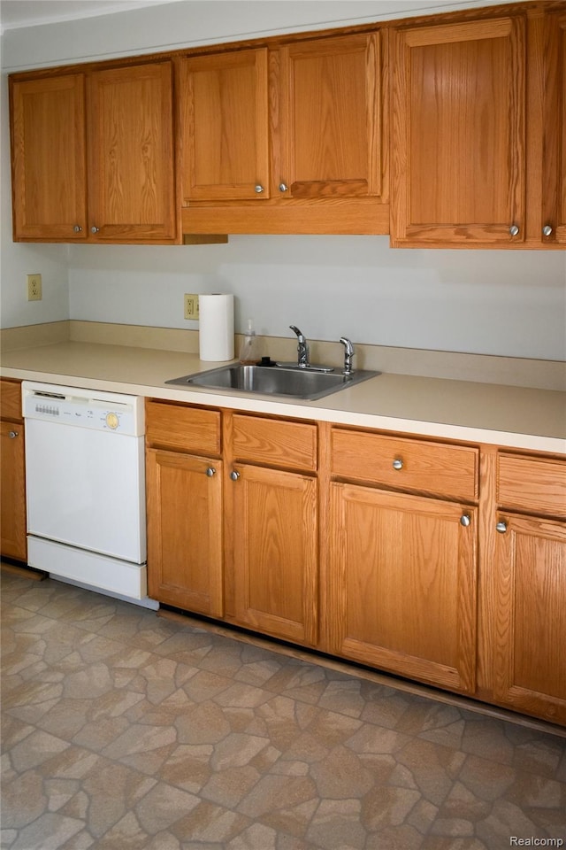3434 Durham Rd, Clawson, MI 48073 - kitchen with dishwasher, a sink, light countertops, and brown cabinets
