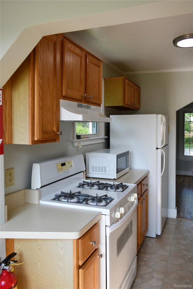 3434 Durham Rd, Clawson, MI 48073 - kitchen featuring white appliances, under cabinet range hood, light countertops, brown cabinetry, and crown molding