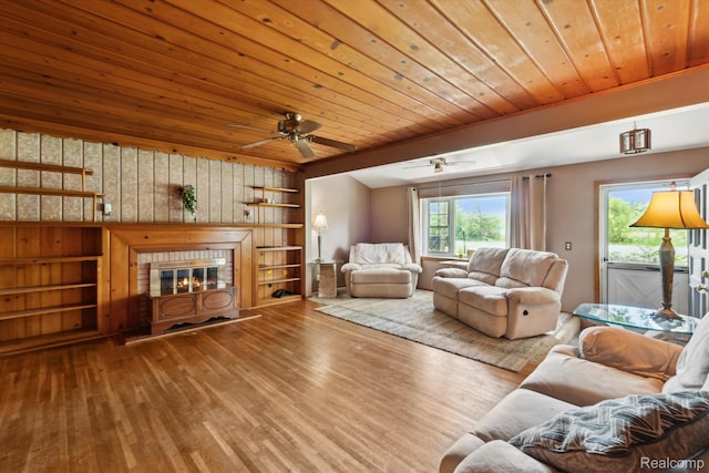 1250 W Thompson Rd, Fenton, MI 48430 - living room featuring wood ceiling, wood finished floors, built in features, wood walls, and a ceiling fan