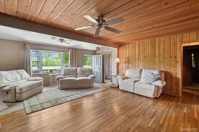1250 W Thompson Rd, Fenton, MI 48430 - living room featuring wooden ceiling, wood finished floors, wooden walls, and a ceiling fan