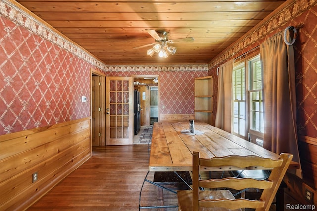 1250 W Thompson Rd, Fenton, MI 48430 - dining area with wallpapered walls, wood ceiling, dark wood-style flooring, and ceiling fan