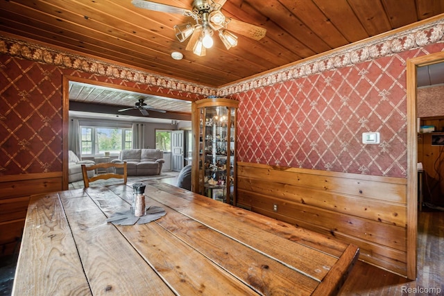 1250 W Thompson Rd, Fenton, MI 48430 - dining space featuring wallpapered walls, wooden ceiling, a ceiling fan, ornamental molding, and wood finished floors