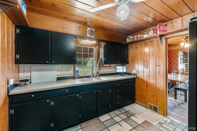 1250 W Thompson Rd, Fenton, MI 48430 - kitchen featuring wooden ceiling, a sink, ceiling fan, wood walls, and dark cabinetry