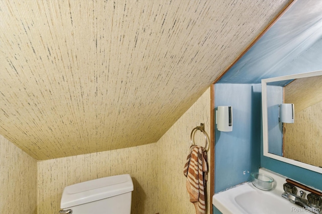 1250 W Thompson Rd, Fenton, MI 48430 - bathroom with toilet, wooden ceiling, a sink, and lofted ceiling