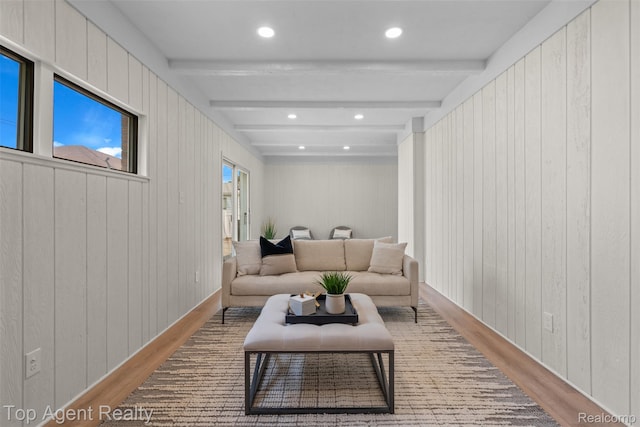 32532 Steinhauer St, Westland, MI 48186 - living room with wood finished floors, beamed ceiling, and wooden walls