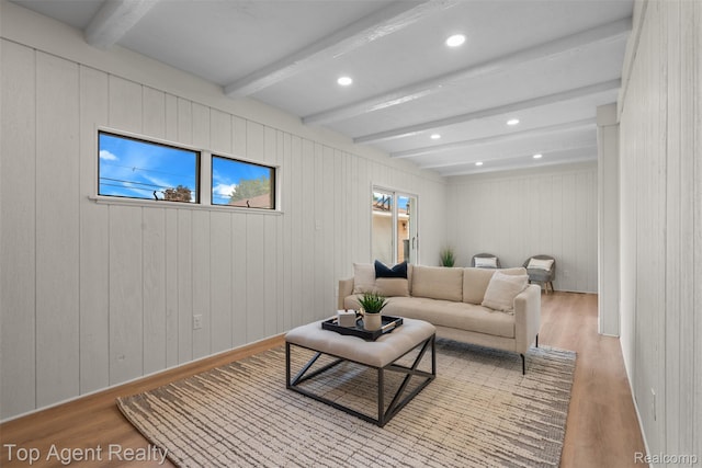 32532 Steinhauer St, Westland, MI 48186 - living room featuring wood finished floors, beamed ceiling, recessed lighting, and wood walls
