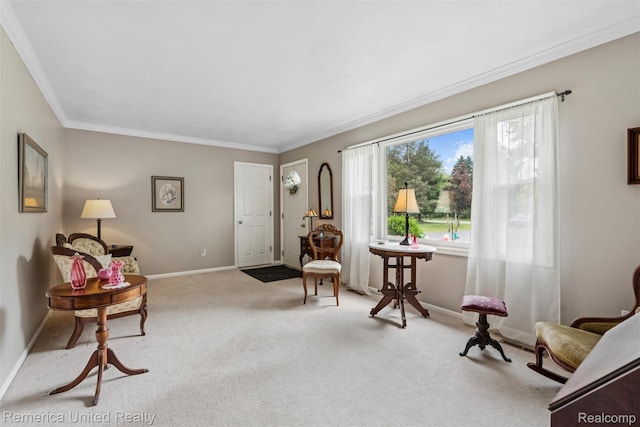 3875 Zimmer Rd, Williamston, MI 48895 - living area with carpet floors, baseboards, and ornamental molding