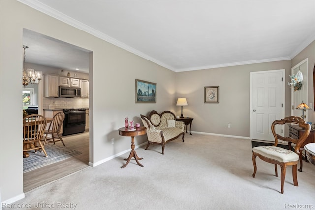 3875 Zimmer Rd, Williamston, MI 48895 - living area with light carpet, crown molding, baseboards, and a chandelier