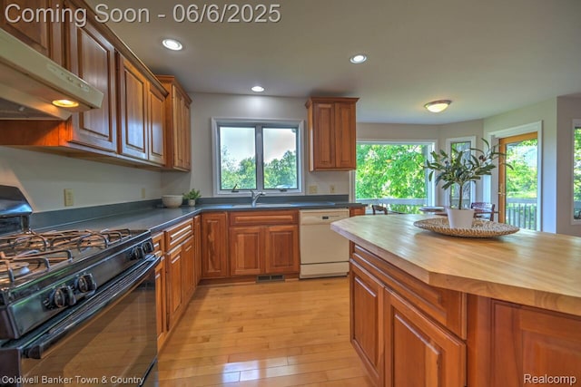 11265 N Shore Dr, Whitmore Lake, MI 48189 - kitchen featuring gas stove, white dishwasher, butcher block counters, ventilation hood, and plenty of natural light