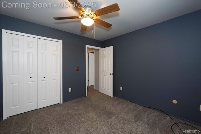 35485 Stillmeadow Ln, Clinton Township, MI 48035 - unfurnished bedroom with carpet floors, a closet, a ceiling fan, and baseboards