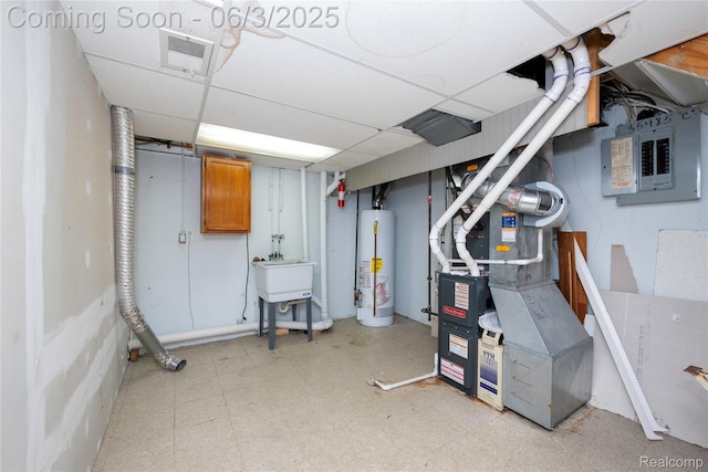 35485 Stillmeadow Ln, Clinton Township, MI 48035 - unfinished basement with water heater, light flooring, electric panel, heating unit, and a sink