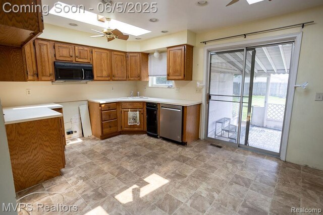 33316 Fraser Ave, Fraser, MI 48026 - kitchen with black microwave, ceiling fan, dishwasher, brown cabinets, and recessed lighting
