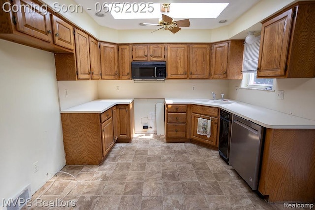 33316 Fraser Ave, Fraser, MI 48026 - kitchen featuring black microwave, dishwasher, brown cabinetry, and ceiling fan