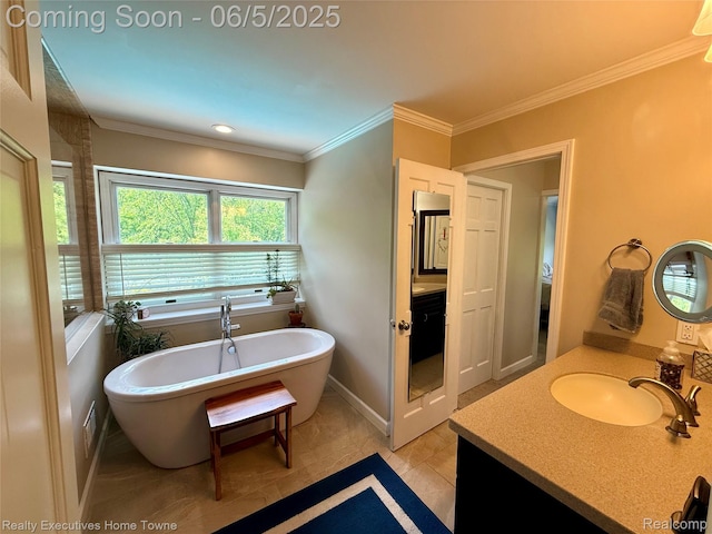 13999 French Ln, Davisburg, MI 48350 - bathroom featuring a soaking tub, vanity, ornamental molding, and tile patterned flooring