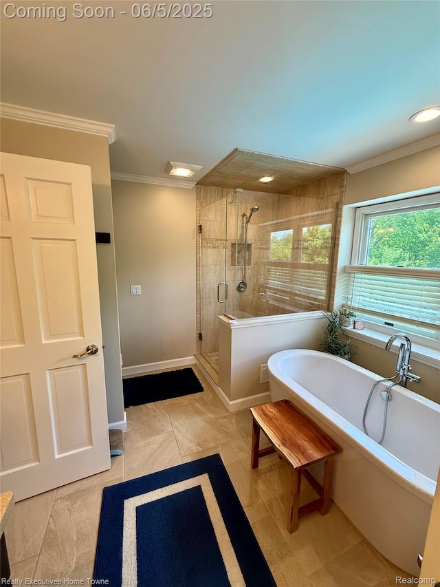 13999 French Ln, Davisburg, MI 48350 - full bath with ornamental molding, a stall shower, a freestanding tub, recessed lighting, and baseboards