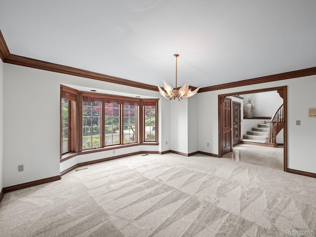 4932 Susans Way, Bloomfield Hills, MI 48302 - empty room featuring a chandelier, crown molding, stairs, carpet, and baseboards