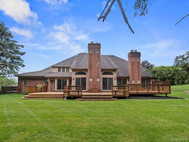4932 Susans Way, Bloomfield Hills, MI 48302 - rear view of property with brick siding, a lawn, roof with shingles, and a wooden deck