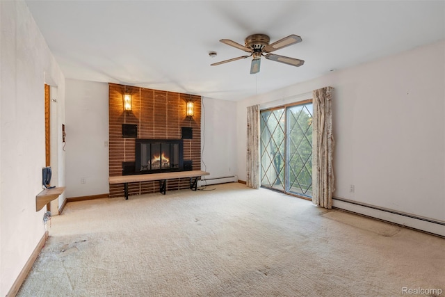 49748 Regatta St, Chesterfield, MI 48047 - unfurnished living room with a baseboard heating unit, carpet floors, a fireplace, and a ceiling fan