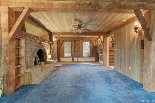49748 Regatta St, Chesterfield, MI 48047 - unfurnished living room featuring wood walls, wood ceiling, a ceiling fan, and carpet flooring