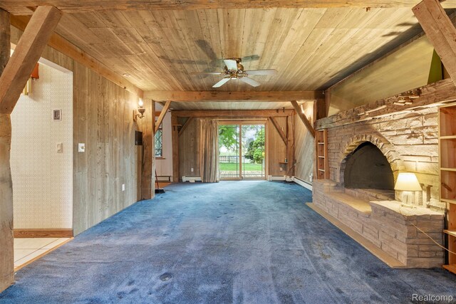 49748 Regatta St, Chesterfield, MI 48047 - unfurnished living room featuring wooden ceiling, vaulted ceiling, ceiling fan, carpet, and wood walls