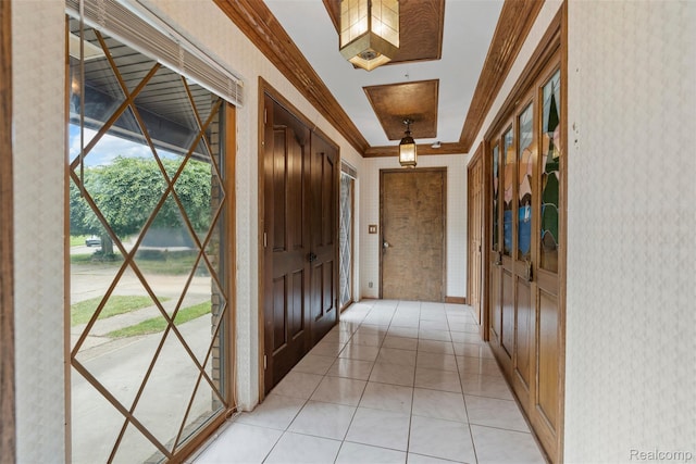 49748 Regatta St, Chesterfield, MI 48047 - corridor with wallpapered walls, light tile patterned floors, ornamental molding, and a raised ceiling
