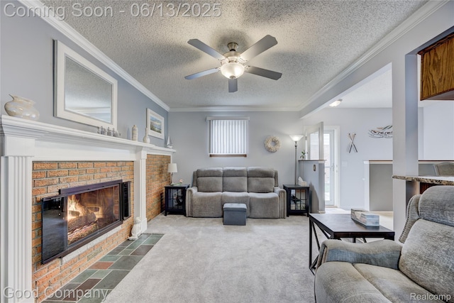 1378 Surrey Hts, Westland, MI 48186 - carpeted living area with a ceiling fan, a fireplace, crown molding, and a textured ceiling