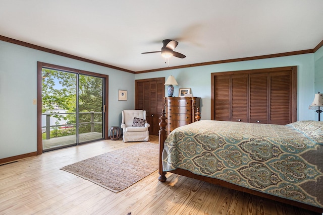 44 Bayshore Dr, Battle Creek, MI 49015 - bedroom featuring access to outside, wood finished floors, crown molding, baseboards, and a ceiling fan