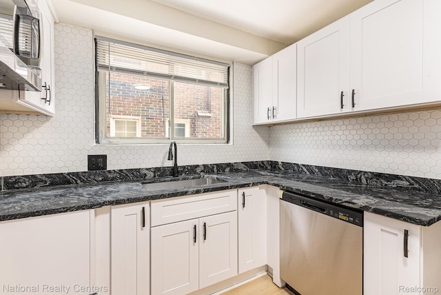 18691 Greenlawn St, Detroit, MI 48221 - kitchen with stainless steel appliances, a sink, white cabinetry, and decorative backsplash