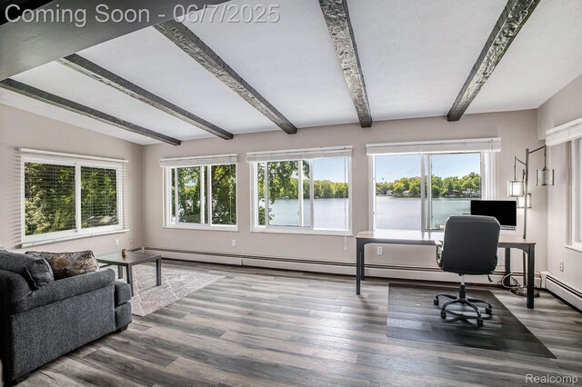 11393 Outer Dr, Pinckney, MI 48169 - home office with beam ceiling, wood finished floors, and baseboard heating