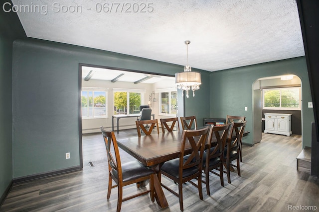 11393 Outer Dr, Pinckney, MI 48169 - dining area with wood finished floors, arched walkways, a textured ceiling, and baseboards