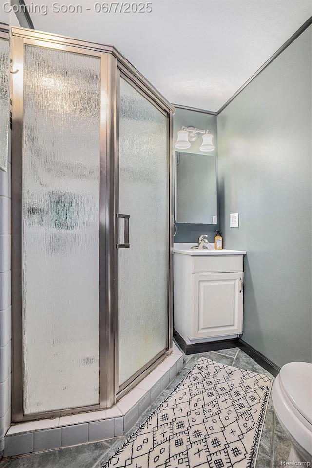 11393 Outer Dr, Pinckney, MI 48169 - full bath with vanity, toilet, baseboards, and a shower stall