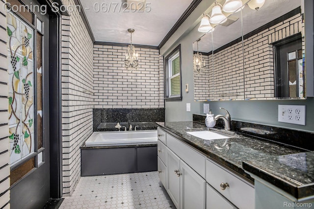 11393 Outer Dr, Pinckney, MI 48169 - full bath with crown molding, vanity, a chandelier, and a garden tub