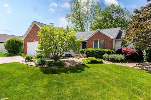 353 Golfside Dr, Lapeer, MI 48446 - view of front of property featuring brick siding, concrete driveway, a garage, and a front lawn