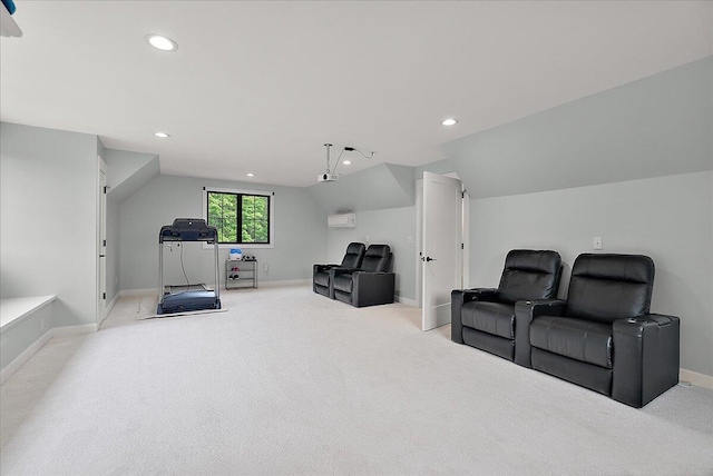8011 Date Rd, Stevensville, MI 49127 - home theater featuring light colored carpet, baseboards, recessed lighting, and vaulted ceiling