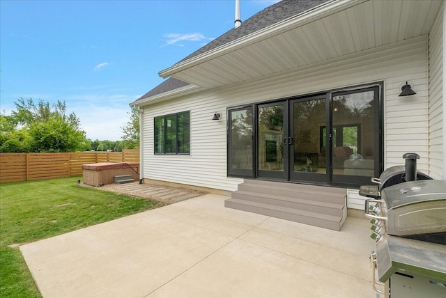 8011 Date Rd, Stevensville, MI 49127 - rear view of house with a patio, a hot tub, french doors, and roof with shingles