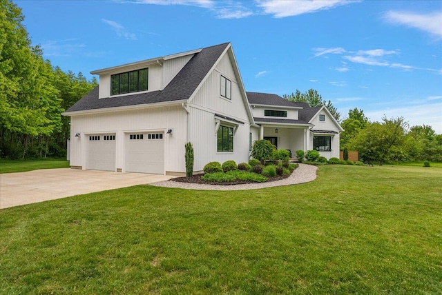 8011 Date Rd, Stevensville, MI 49127 - modern inspired farmhouse with driveway, a front yard, and a shingled roof