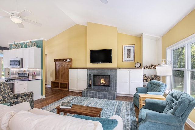 507 A Ave, South Haven, MI 49090 - living area featuring vaulted ceiling, dark wood finished floors, a ceiling fan, a tiled fireplace, and baseboards
